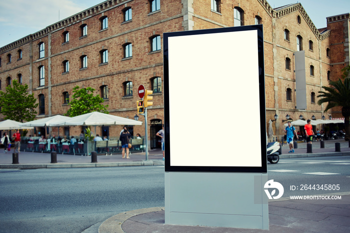 Blank billboard with copy space for your text message or content, public information board in the big town, advertising mock up empty banner in metropolitan city at beautiful sunny day