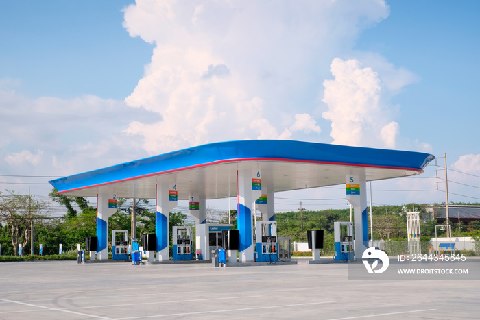 Gas station with blue sky.