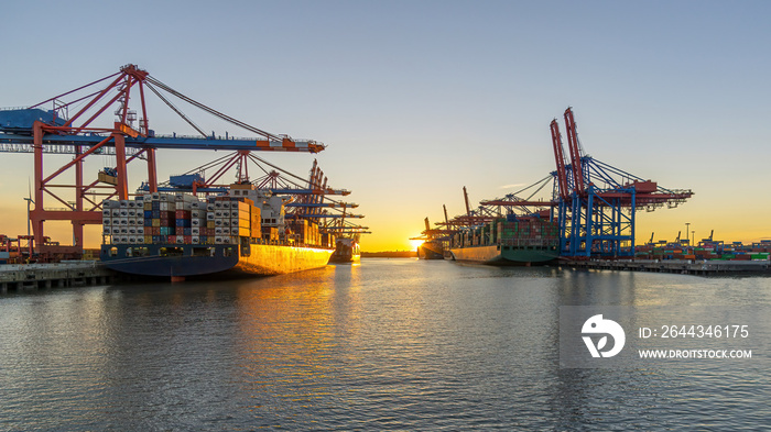 Containerschiffe im Hamburger Hafen bei Sonnenuntergang