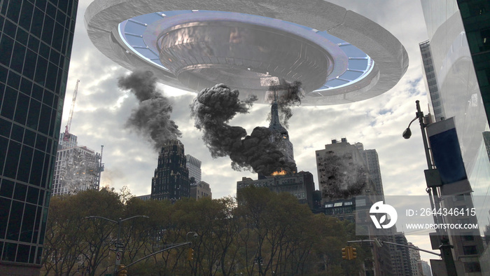 Alien Spaceship Invasion Over Destroyed New York Illustration