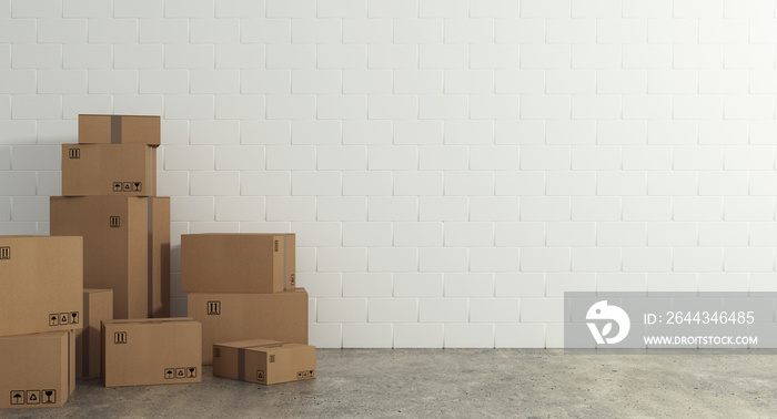 Stack of closed cardboard boxes wrapped with adhesive on the floor. Concept of moving and shipping