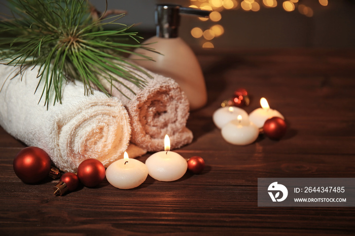 Christmas spa set on wooden table