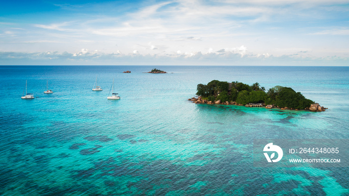 Tropical island with sea and palm taken from drone. Seychelles aerial photo. St Pierre Island