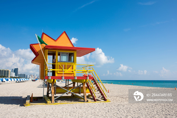 Colorufl lifeguard tower on South Beach in Miami, Florida