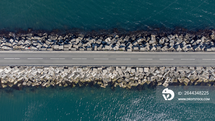 An aerial view of the Churchill Barriers in Orkney, Scotland, UK