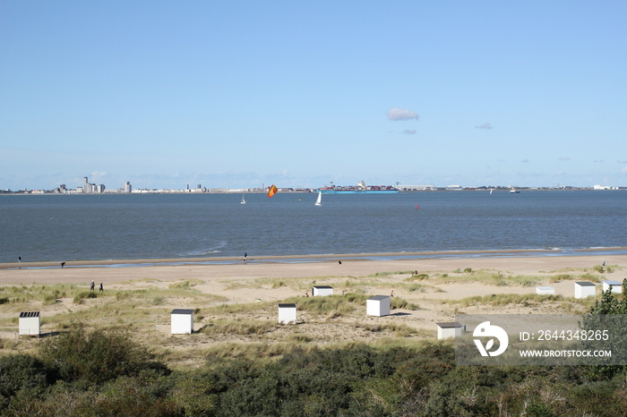 the coast in breskens, zeeland, the netherlands with beach houses in the dunes behind the sand beach and surfers in the westerschelde sea in summer