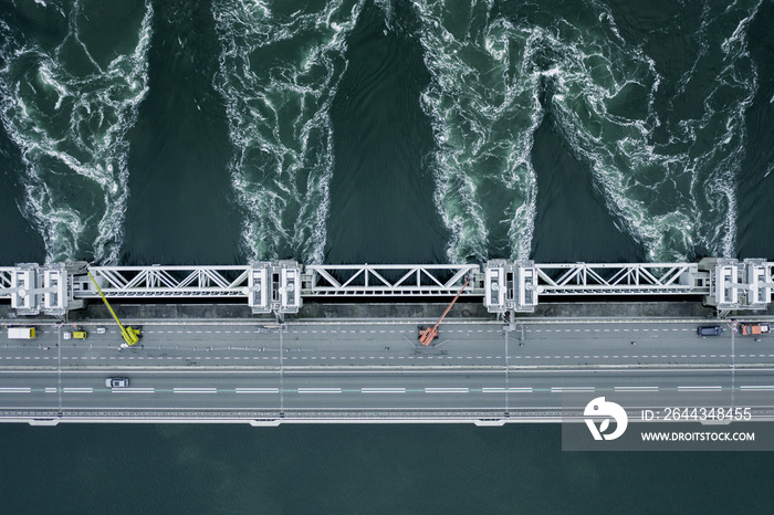 Storm Surge Dam Venting Water During High Tide