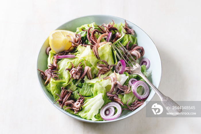 Green salad with grilled squids calamari tentacles, lemon, purple onion in ceramic bowl with fork over white marble background.