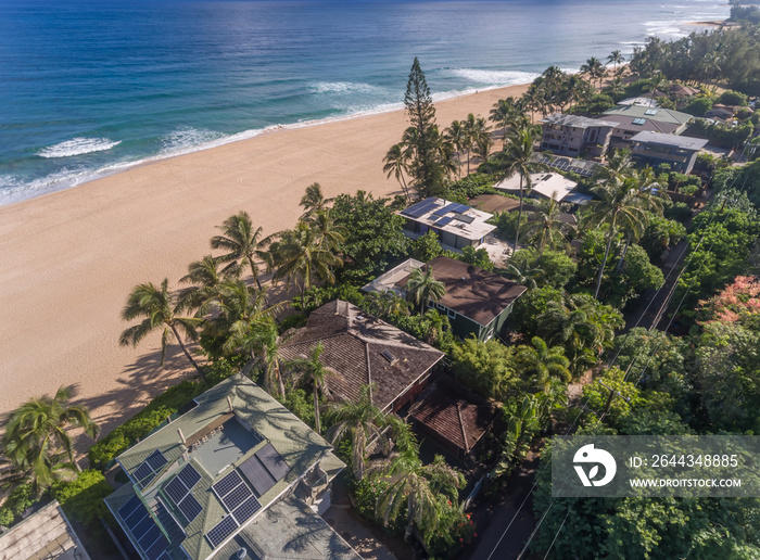 Aerial view of Beach Front Houses on the north shore of Oahu Hawaii