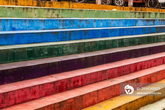 Closeup of colorful rainbow stairs outdoors