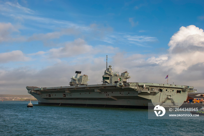 The Royal Navy aircraft carrier HMS Queen Elizabeth (RO8) docked in Portsmouth, UK