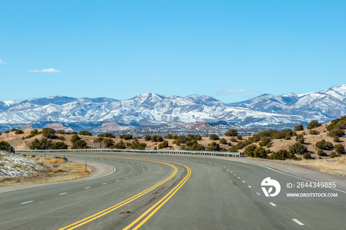 The view of snow capped mountains whilst on the road to Los Alamos, New Mexico