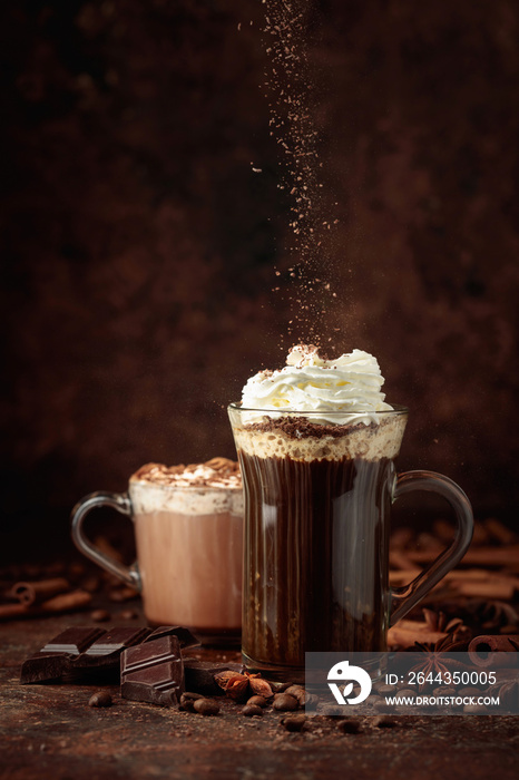 Coffee and hot chocolate with whipped cream.