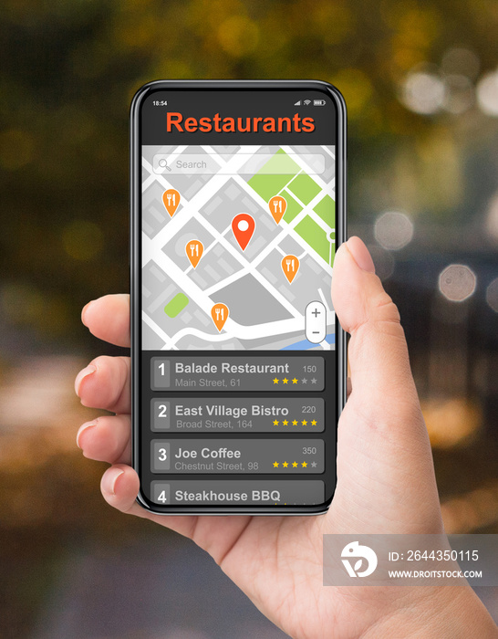 Close up of female hand holding mobile phone with city map and searching online for restaurants ootdoors, collage