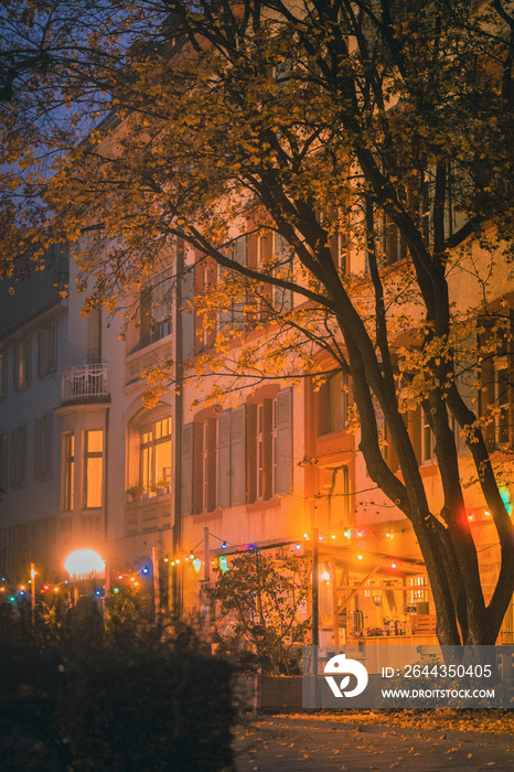 Vertical shot of residential buildings surrounded by lights in the evening in autumn