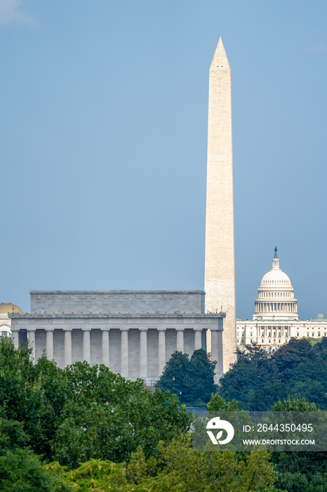 Skyline view of Washington DC, with the Lincoln Memorial, Washington Monument and Capitol building in view