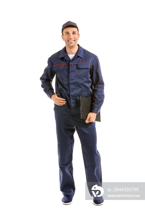 Male car mechanic on white background