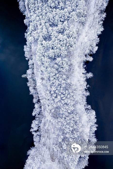 River and frozen forest after whiteout in winter, aerial view