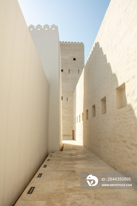 The inner walls and narrow paths of the 18th century ’Qasr al-Hosn’ (Palace fort), aka the White Fort in Abu Dhabi, United Arab Emirates