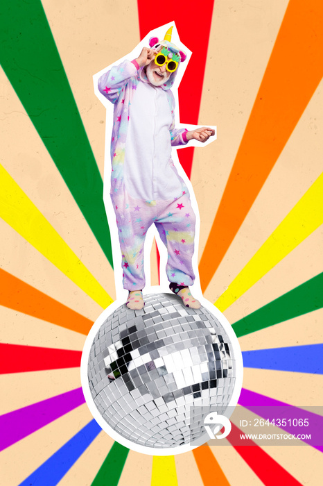 Vertical creative collage image of positive funky childish retired man wear unicorn pajama overall dancing disco ball party maker have fun