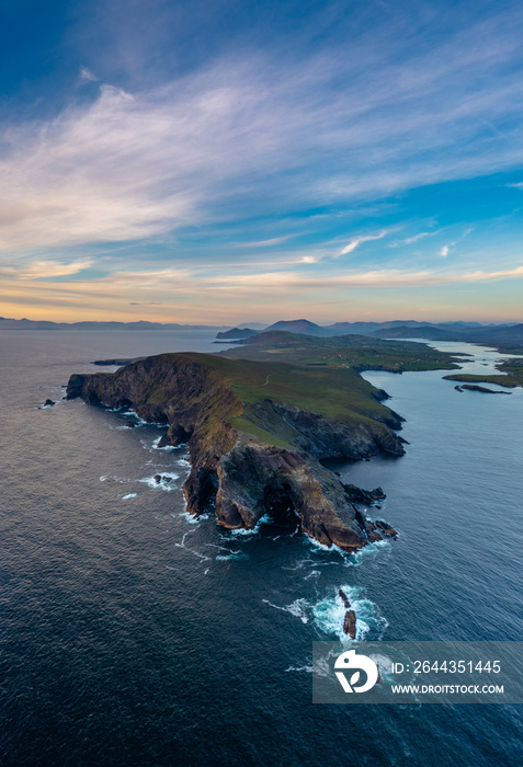 vertical panorama landscape of the Bray Head cliffs on Valentia Island at sunset