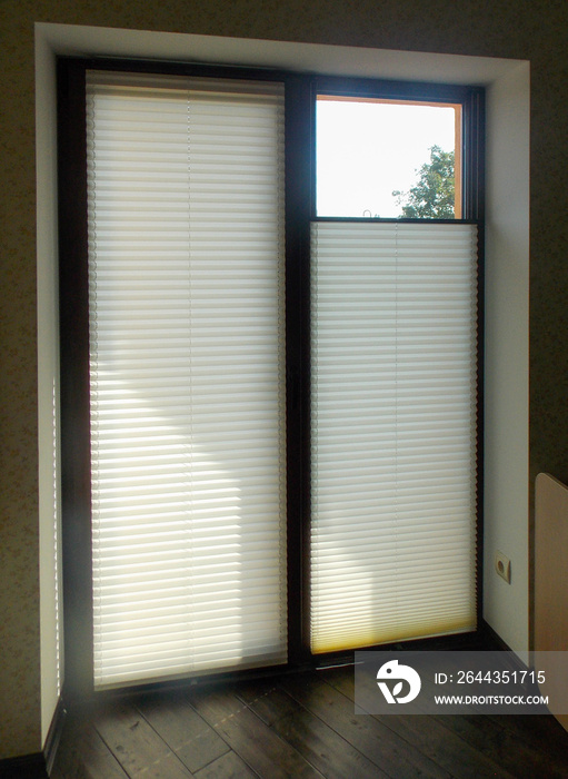 Pleated blinds closeup on the balcony door in a private house. Cordless pleated shades. Modern top down bottom up privacy cellular shades on apartment window.