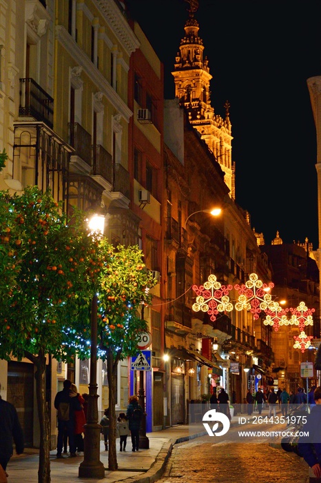 paesaggio notturno nel centro storico della città di Siviglia in Andalusia Spagna
