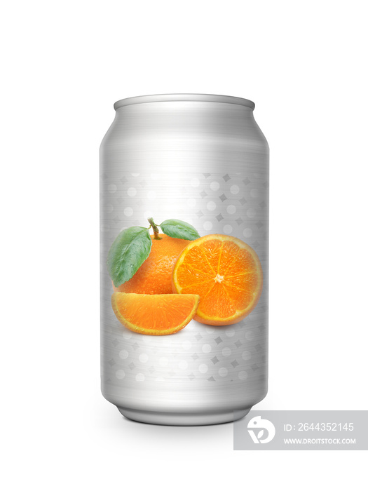 Orange juice soft drink in aluminum can on white background For design
