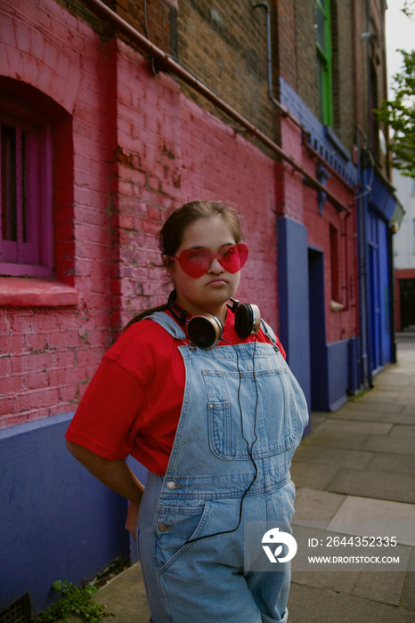 Confident curvy woman with Down Syndrome posing in an urban environment