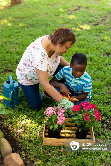 African american boy gardening with grandmother in backyard on weekend