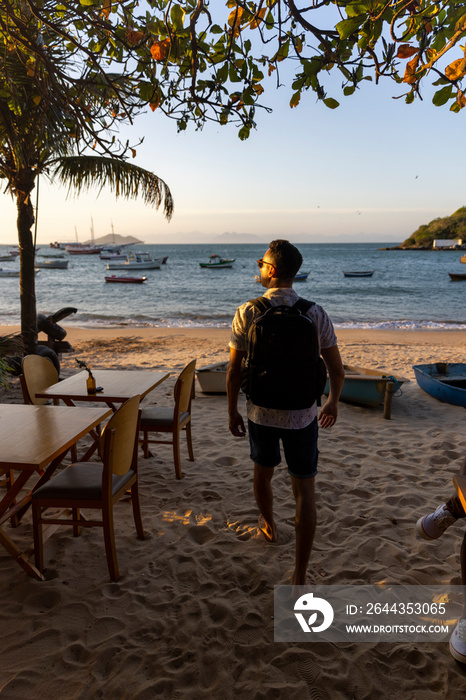 Rear view of man with backpack on beach