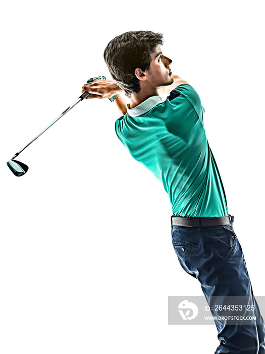 one young caucasian Man Golf golfer golfing isolated on white background