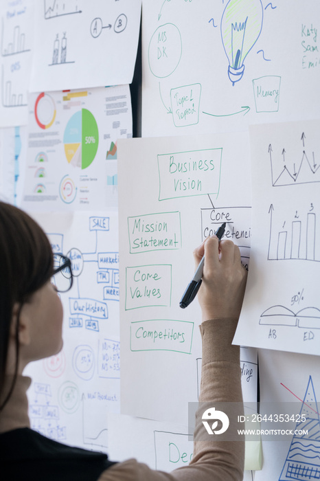 Young female broker or coach pointing at one of papers with flow charts