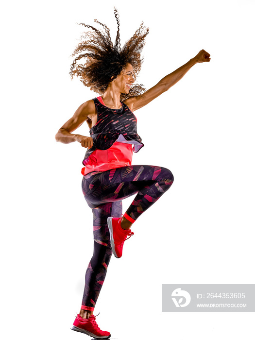 one african mixed race mature woman cardio dancer dancing fitness exercises in studio isolated on white background