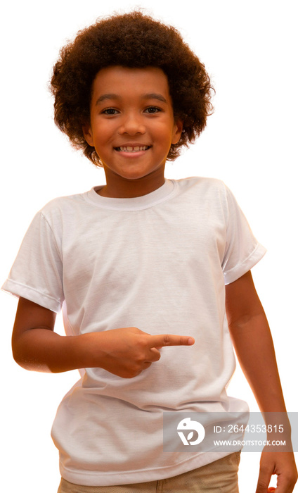 Latin boy with black power hair on transparent background. Smiling Afro kid with a black power hair. Boy pointing side. African descent. PNG