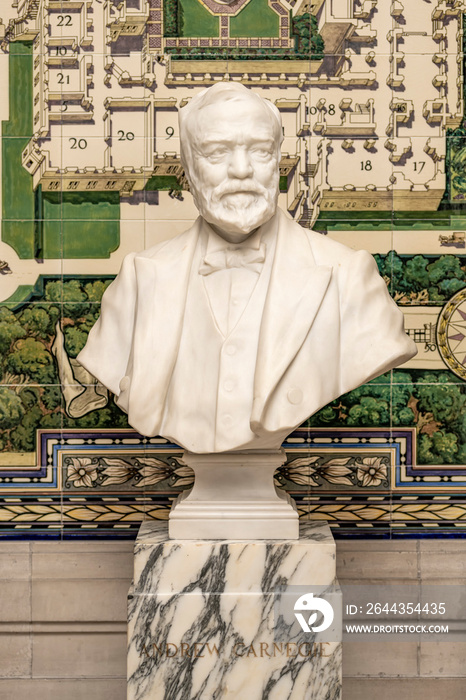 Bust of Andrew Carnegie, rich industrial magna who do donated the first check to build the Peace Palace in The Hague, Netherlands