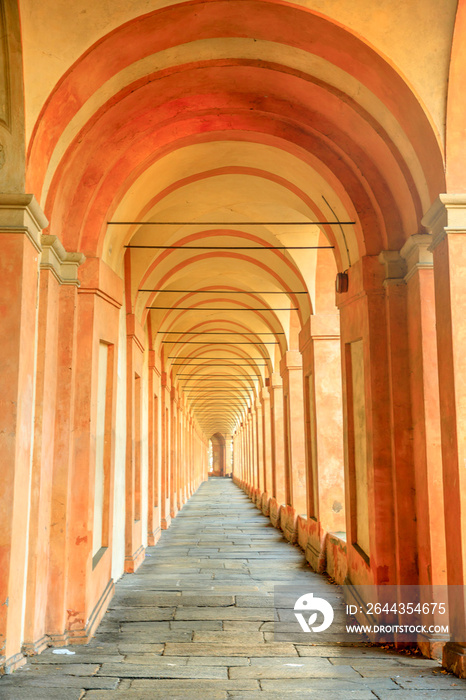 Colonnade of Basilica of San Luca, the longest archway in the world leading to the San Luca Sanctuary of Bologna city in Italy. Architecture background. Vertical shot.