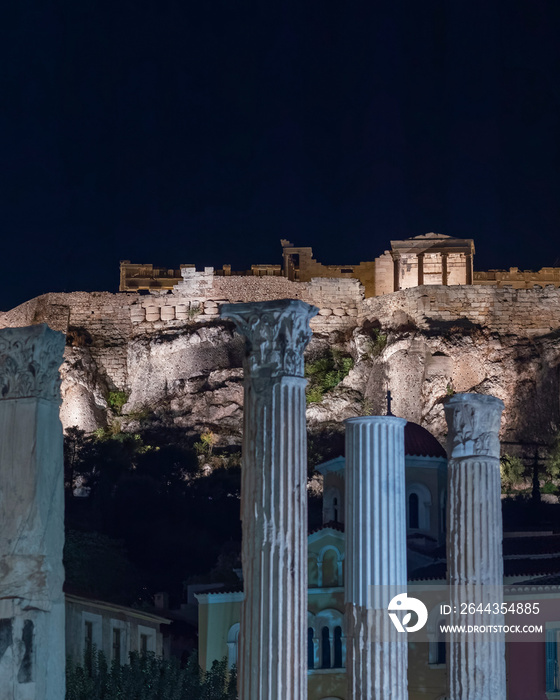 night view of ancient Greek temple on Acropolis of Athens, Greece