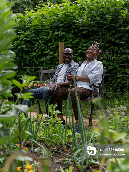 Portrait of smiling couple resting on bench after working in garden