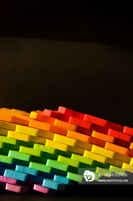 Rainbow stripes, steps with leaves, futurism abstraction on a black background