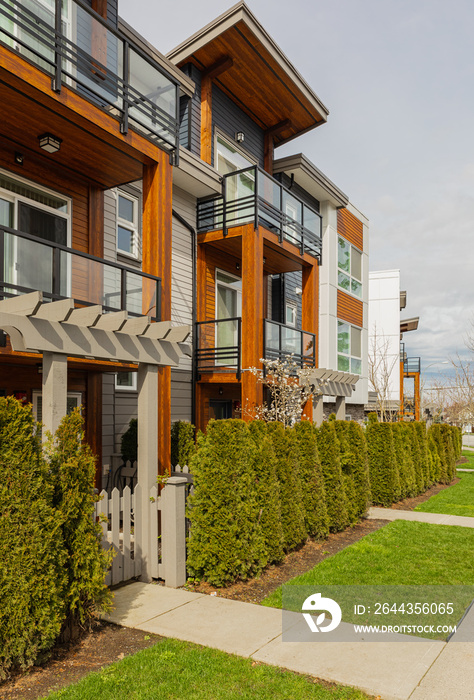 Brand new apartment building in BC, Canada. Canadian modern residential architecture, exterior