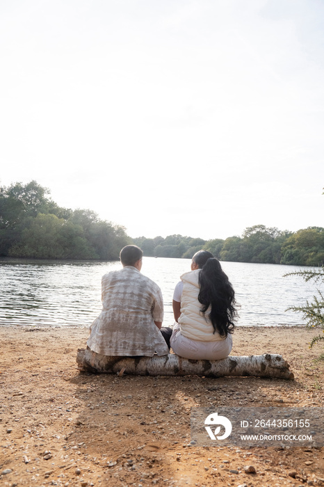 Rear view of couple sitting on lakeshore