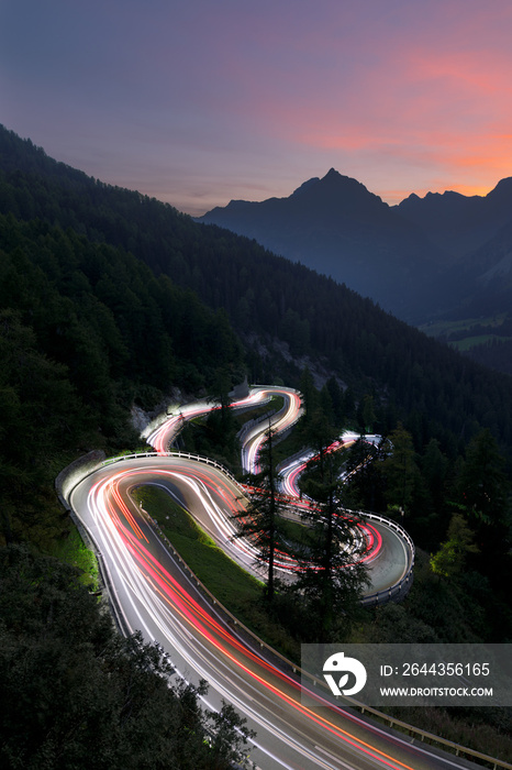 Car Light Trails on a curvy Road