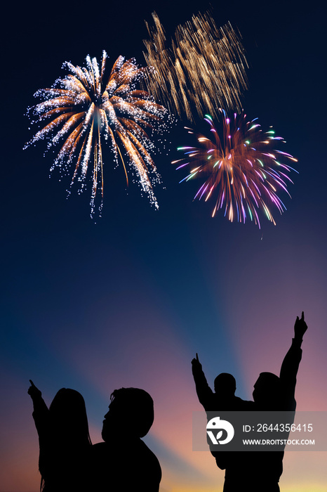 Holiday fireworks in night sky and silhouette of daughter and sun