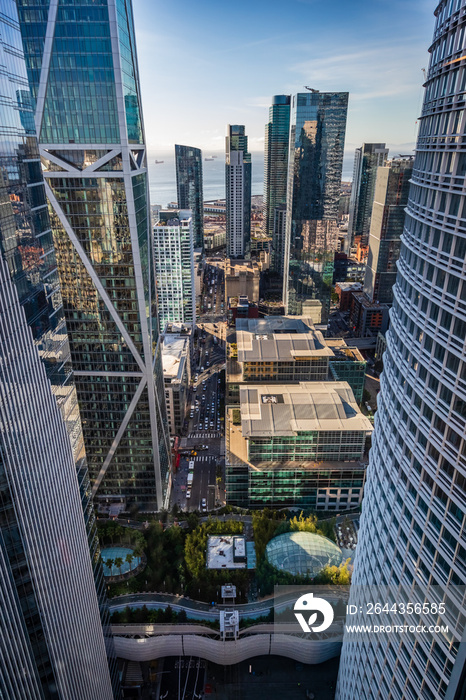 Looking down Fremont street with a section of Salesforce Park in the middle and the bay visible between the skyscrapers in the distance