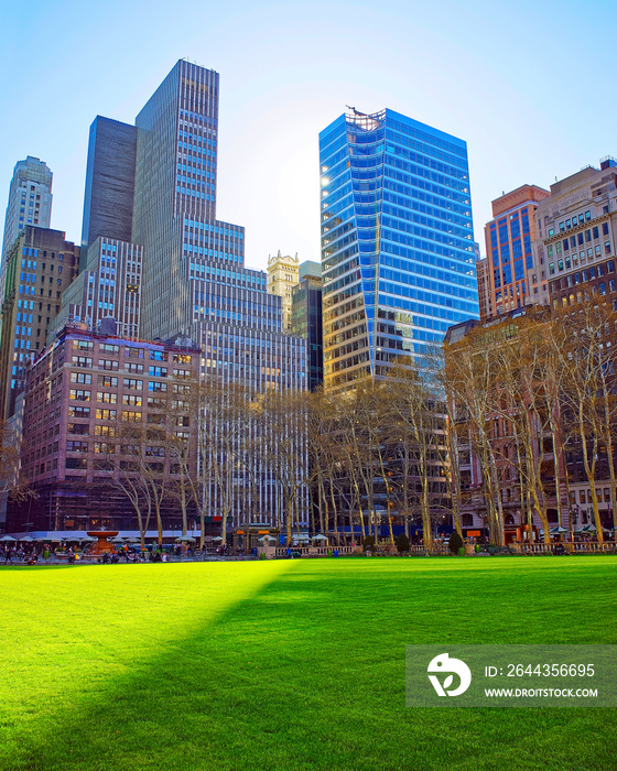 Skyline with skyscrapers and American cityscape in Bryant Park in Midtown Manhattan, New York, USA. United States of America. NYC, US.