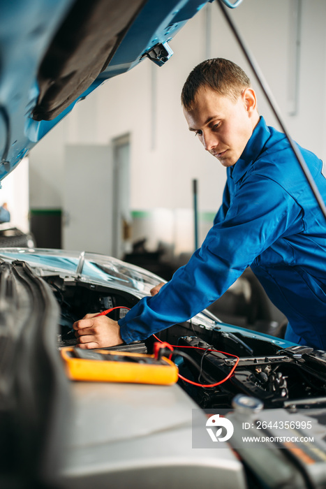 Car electrician checks the battery level