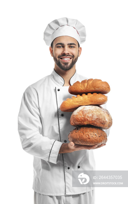 Chef with fresh bread on white background