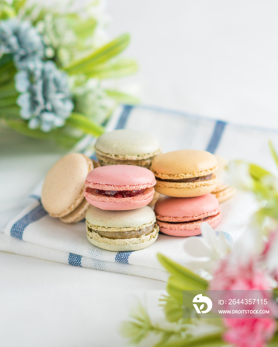 colorful macarons with flowers and white background