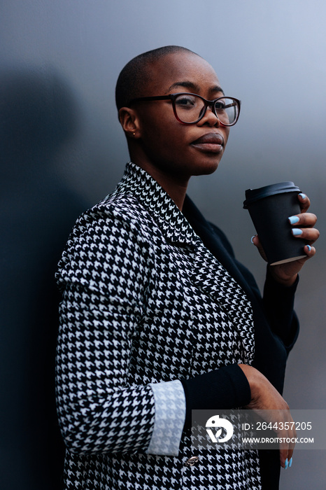 African American businesswoman with coffee outdoors.